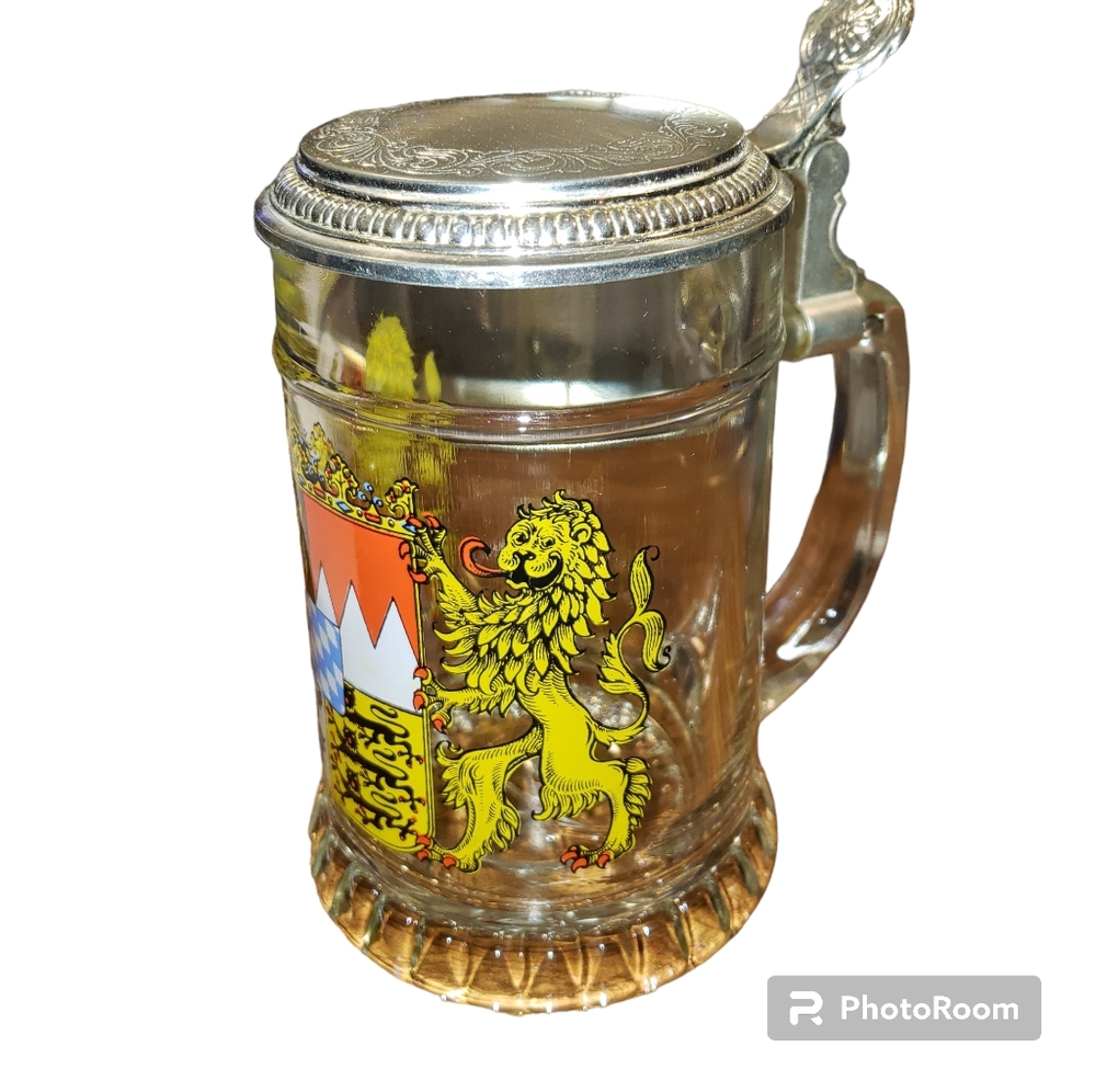 German Beer Stein Glass Pewter Lid
